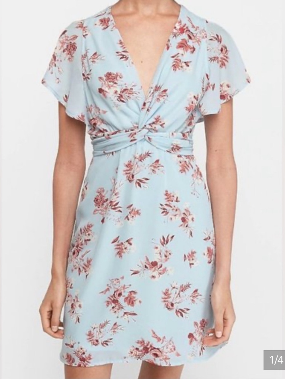 Women’s Light Blue Floral Wrap Dress with Red Floral Print